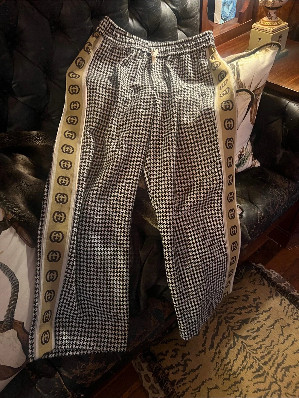 Gucci Black & White Houndstooth Joggers with Logo Side Stripe